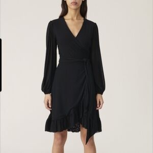 Ganni Black Wrap Dress Ruffle Hem Puff Sleeve Textured Mini